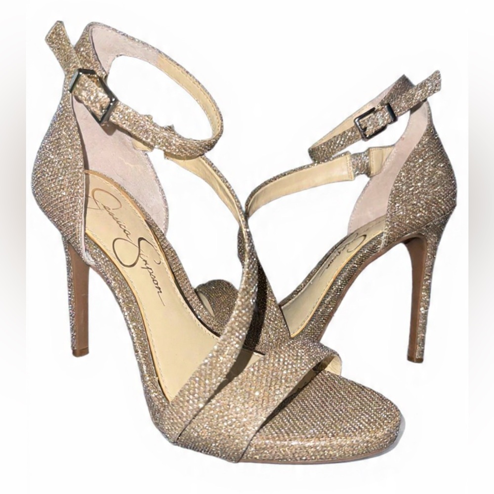 Jessica Simpson Champagne Glitter Ankle-Strap Stiletto Heels